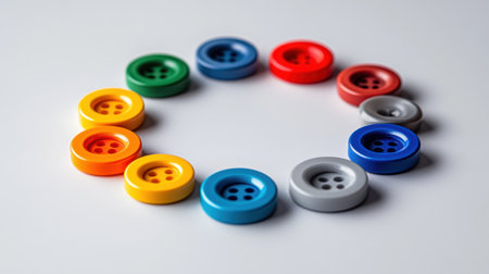 A visually appealing arrangement of colorful sewing buttons in a circular layout, perfect for craft projects, design inspiration, or creative home decor.の素材