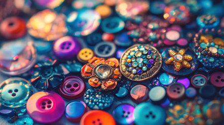 This vibrant close-up showcases a diverse collection of buttons in various textures and colors, perfect for inspiring creative crafts and design projects.の素材