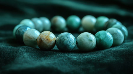 Close-up view of a beautiful string of colorful gemstone beads displayed on a soft velvet background, perfect for jewelry design concepts and inspiration.の素材