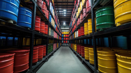 A vibrant industrial storage facility showcasing rows of colorful drums and barrels. The organized shelving and spacious layout enhance efficiency in material management.の素材