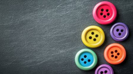 A vibrant collection of colorful buttons displayed on a dark slate background, perfect for crafting, sewing projects, and artistic designs. Ideal for creative inspiration.の素材