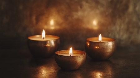 This image features three glowing candles in elegant bronze holders, creating a serene atmosphere perfect for relaxation and tranquility.の素材