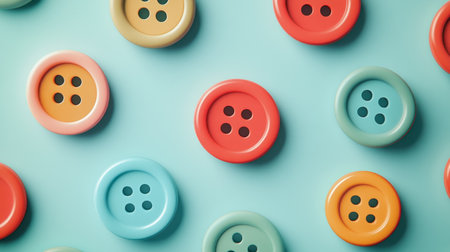 A vibrant arrangement of round sewing buttons on a turquoise background, ideal for creative projects and textile inspirations. Perfect for craft enthusiasts.の素材
