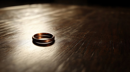 This image captures the elegance of two simple copper wedding bands resting on a polished wooden surface, emphasizing simplicity and commitment.の素材