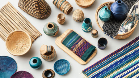 A vibrant assortment of handcrafted decorative items, including pottery, woven textiles, and baskets, showcases unique colors and textures for home styling.の素材