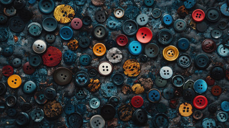 A vibrant assortment of vintage buttons displayed on a textured fabric background captures the essence of creativity and artistry in crafting.の素材