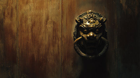 An antique lion door knocker mounted on a weathered wood wall, showcasing intricate craftsmanship and warm lighting that highlights its rich textures.の素材