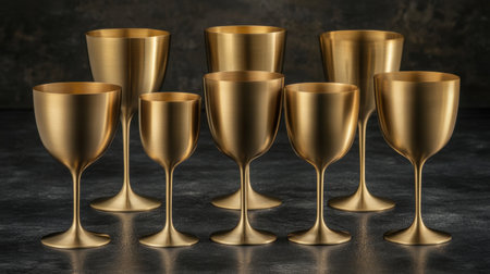 A stunning arrangement of golden metallic goblets and chalices showcasing elegance and sophistication, perfect for special events and upscale dining experiences.の素材