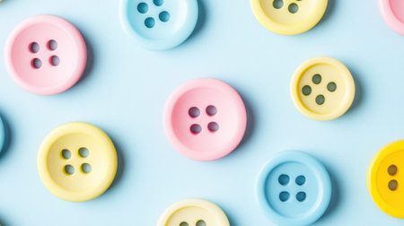 A vibrant arrangement of colorful buttons in pastel shades against a soft blue background, perfect for sewing enthusiasts and creative projects.の素材