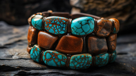 This image features a stunning turquoise and brown stone bracelet resting on a textured dark wooden surface, showcasing the intricate details and vibrant colors.の素材