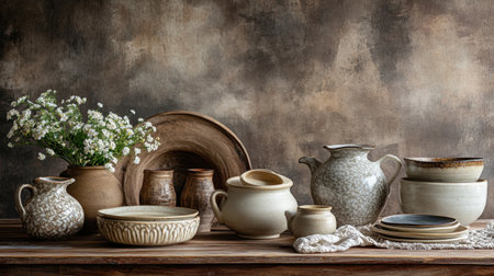 A charming still-life composition featuring an array of handmade pottery alongside a delicate floral arrangement, showcasing earthy tones and rustic aesthetics.の素材