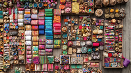 A vibrant flatlay featuring an eclectic assortment of handcrafted artifacts and textiles arranged beautifully on a wooden surface, showcasing intricate patterns and rich colors.の素材