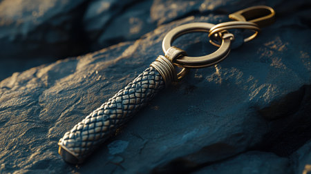 Close-up view of an elegant metallic key featuring an intricate patterned design resting on a natural stone surface illuminated by soft light, showcasing exquisite craftsmanship.の素材