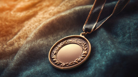 A stunning vintage bronze medal suspended on a luxurious fabric, capturing soft lighting that highlights its elegant features and rich textures.の素材