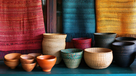An array of handcrafted woven baskets in various sizes and colors sits against vibrant textiles, creating a warm and inviting atmosphere perfect for interior decor.の素材