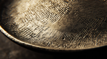 This close-up image showcases a textured metallic surface, featuring intricate patterns and scratches. The photograph captures the beauty of imperfections, perfect for artistic and design projects.の素材