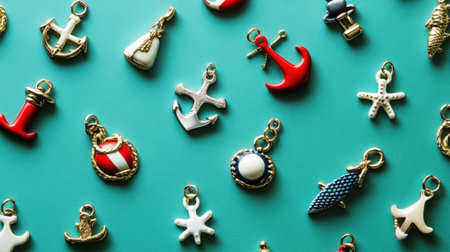 A vibrant arrangement of colorful nautical charms and pendants features anchors, starfish, and fish against a bright background, perfect for crafting enthusiasts.の素材