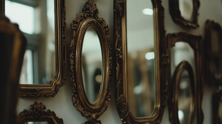 This captivating image features an array of ornate vintage mirrors framed in beautifully detailed designs, creating an elegant visual display on a wall.の素材