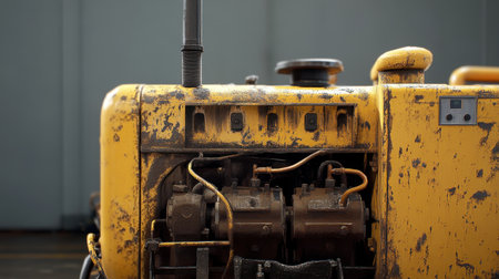 Close-up view of a weathered yellow engine, showcasing intricate mechanical details and rusted surfaces, ideal for industrial-themed visuals or projects.の素材