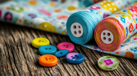 Discover a vibrant assortment of colorful threads, buttons, and playful fabric laid on a rustic wooden surface, perfect for various crafting projects.の素材