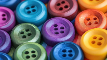 Close-up view of colorful wooden buttons arranged in multiple shades on a textured fabric background. Ideal for crafting and sewing projects.の素材