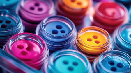 A vibrant display of assorted round sewing buttons in bright colors, showcasing their unique textures and vivid shades, perfect for craft enthusiasts.の素材