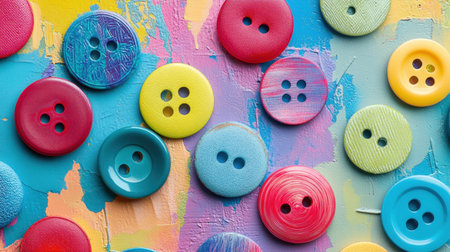 A vibrant collection of round buttons in an array of colors set against an abstract painted background, perfect for craft projects and design inspiration.の素材