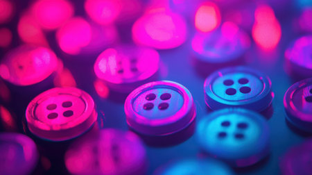 Vivid close-up image of assorted buttons illuminated with vibrant purple and blue lighting. Ideal for fashion, crafting, or artistic projects.の素材