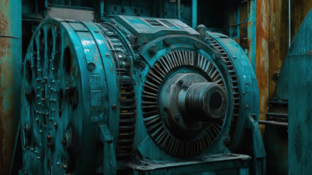 The image captures an industrial machine, showcasing intricate mechanics and rich textures in a dimly lit environment. The vibrant colors emphasize the machine's powerful engineering and design.の素材