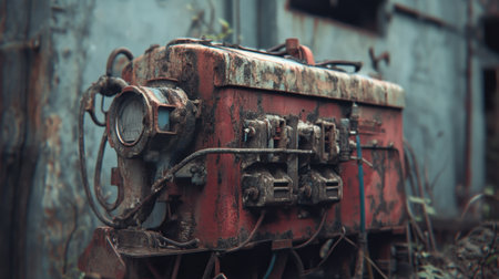 This captivating image showcases a rusty engine, highlighting the intricate textures and vivid details in a forgotten industrial landscape.の素材