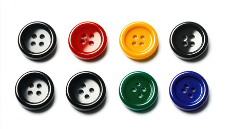 A vibrant assortment of colorful buttons in red, yellow, green, black, and blue displayed on a clean white background, perfect for crafting and sewing.の素材
