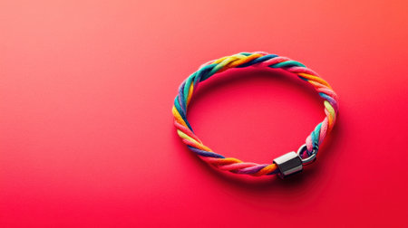 This image features a vibrant and colorful twisted fabric bracelet set against a bold red background, showcasing creativity and style in handmade jewelry.の素材