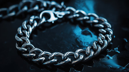 This artistic image captures a close-up view of a polished silver chain bracelet. The shiny reflections on a dark surface highlight the elegance and craftsmanship of the jewelry piece.の素材