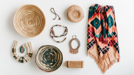 A vibrant display of handcrafted baskets, jewelry, and textiles arranged on a white background, showcasing artisan craftsmanship and unique designs.の素材