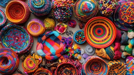 A stunning flat lay of colorful handcrafted baskets and accessories showcases a variety of textures and patterns, perfect for home decor inspiration.の素材