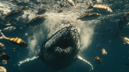 A captivating underwater image showcasing a humpback whale with an open mouth, interacting with a school of smaller fish in its natural habitat.の素材