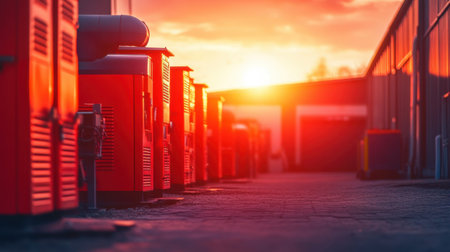 This stunning image captures a row of industrial equipment silhouetted against a vibrant sunset sky. The warm colors enhance the facility's atmosphere, showcasing the power tools arrayed in orderly fashion.の素材