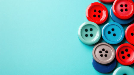 A vibrant collection of sewing buttons in various colors arranged neatly on a bright turquoise surface, perfect for craft projects and creative design ideas.の素材
