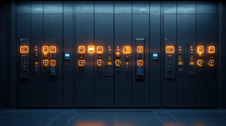 Captivating view of a futuristic control room featuring illuminated panels and monitors, showcasing advanced technology in a dark setting.の素材