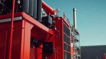 A close-up view of red industrial machinery with exhaust pipes contrasted against a clear blue sky, showcasing advanced engineering in a manufacturing setting.の素材
