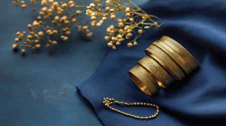A stunning arrangement featuring elegant gold bangles placed on rich blue fabric, accompanied by delicate dried flowers, perfect for jewelry and fashion inspirations.の素材