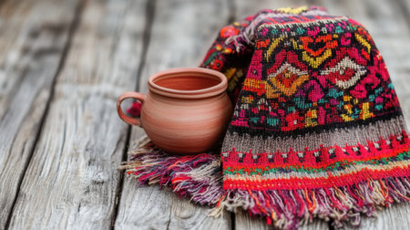 A charming arrangement of a rustic clay pot beside a vibrant handwoven textile, set against a weathered wooden surface, exuding warmth and tradition.の素材