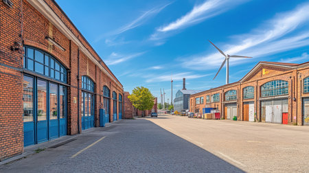 Scenic view of a historic industrial area featuring red brick buildings and modern wind turbines, showcasing a blend of heritage and sustainability.の素材