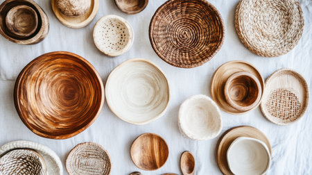 This image features an artistic arrangement of handmade wooden and woven plates and bowls, showcasing natural textures and elegant design.の素材
