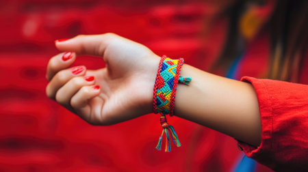 A vibrant image showcasing a hand adorned with a colorful handmade bracelet, set against a bold red background. This photograph highlights craftsmanship and style.の素材