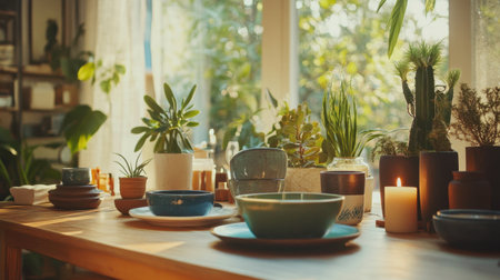 This image features a cozy dining table adorned with various indoor plants and beautiful ceramics, basking in natural light. Perfect for home decor inspiration.の素材
