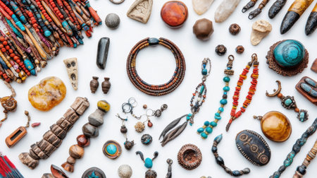 A captivating assortment of artisan jewelry pieces laid out artistically on a white background, showcasing textures, colors, and unique designs for artistic inspiration.の素材