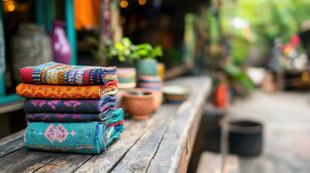 A stack of colorful textile fabrics rests on a rustic wooden table in a vibrant market. The blurred background hints at lively surroundings, capturing a warm, inviting atmosphere perfect for artisans and craft lovers.の素材