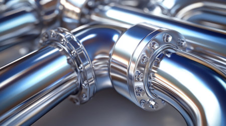 This close-up image showcases industrial chrome pipe fittings with smooth surfaces and flanges, ideal for engineering and manufacturing projects.の素材