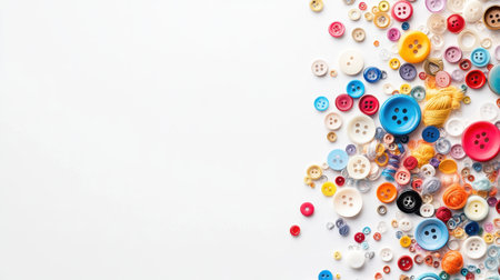 Discover a vibrant collection of buttons and threads perfect for any crafting project. This flat lay showcases the diversity of sewing supplies.の素材